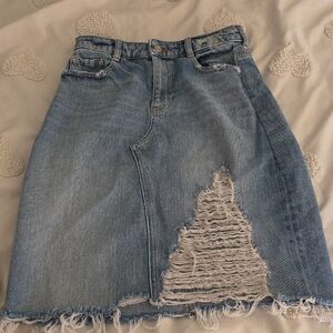 Zara Light Blue Distressed Midi Denim Skirt